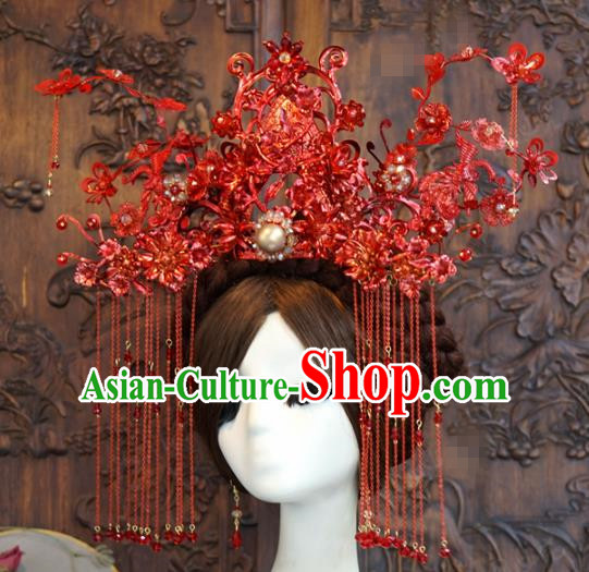 Traditional Chinese Wedding Luxury Red Phoenix Coronet Hair Accessories Ancient Bride Tassel Hairpins Complete Set for Women