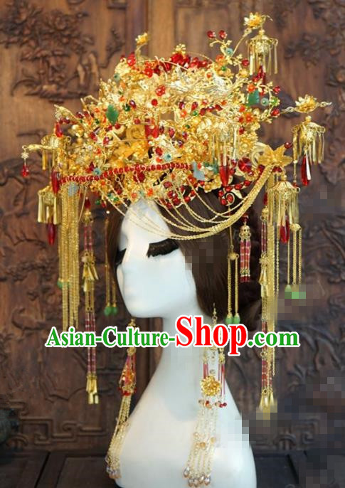 Traditional Chinese Wedding Luxury Phoenix Coronet Hair Accessories Ancient Bride Tassel Hairpins Complete Set for Women