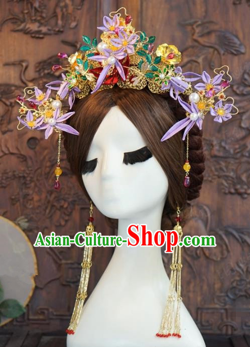 Traditional Chinese Wedding Hair Accessories Luxury Purple Jasmine Phoenix Coronet Ancient Bride Hairpins Complete Set for Women