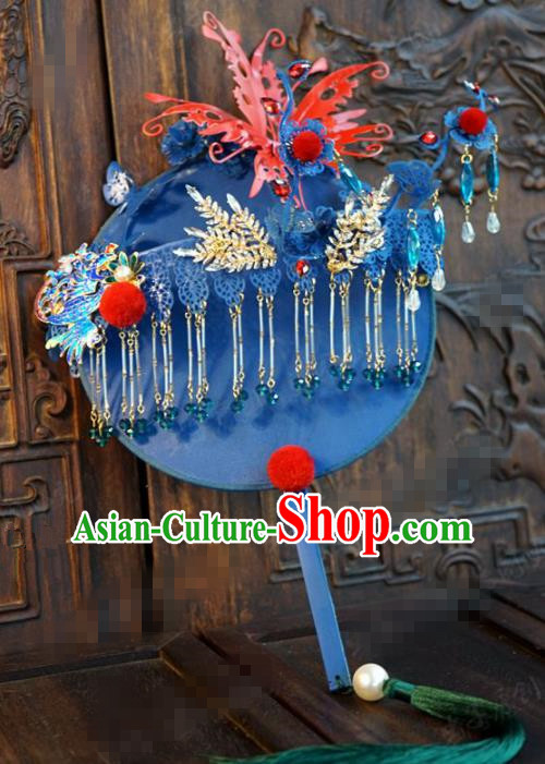 Traditional Chinese Handmade Court Wedding Blue Round Fans Ancient Bride Palace Fan Accessories for Women