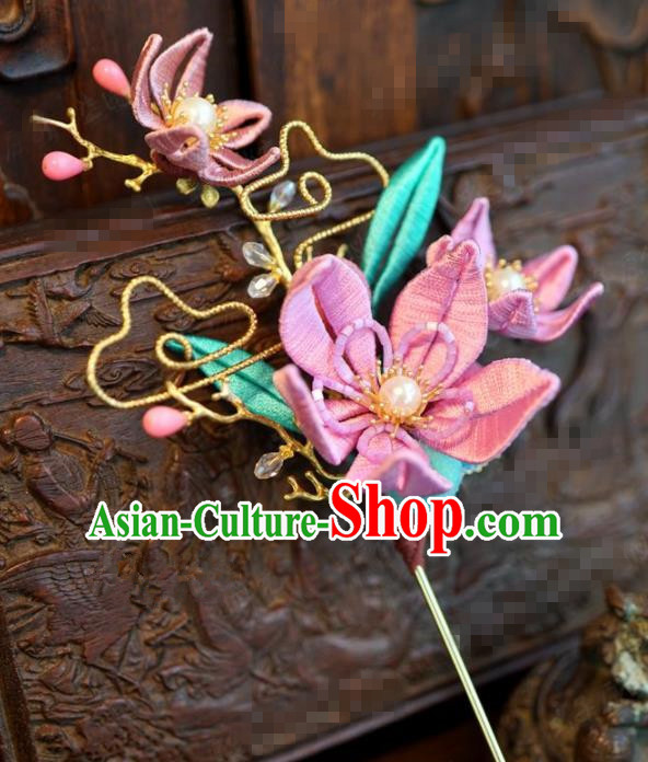 Traditional Chinese Ancient Bride Pink Flower Hair Clip Hanfu Court Queen Hairpins Handmade Hair Accessories for Women