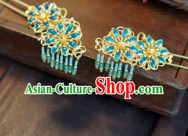 Traditional Chinese Ancient Bride Green Tassel Hair Clip Hanfu Court Queen Hairpins Handmade Hair Accessories for Women