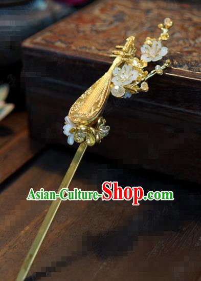 Traditional Chinese Ancient Bride Golden Lute Hair Clip Hanfu Court Queen Hairpins Handmade Hair Accessories for Women