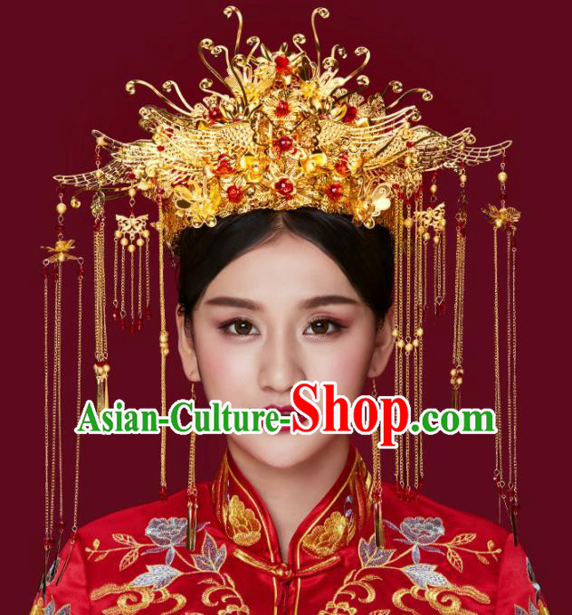 Traditional Chinese Wedding Phoenix Coronet Luxury Hair Accessories Ancient Bride Hairpins Complete Set for Women