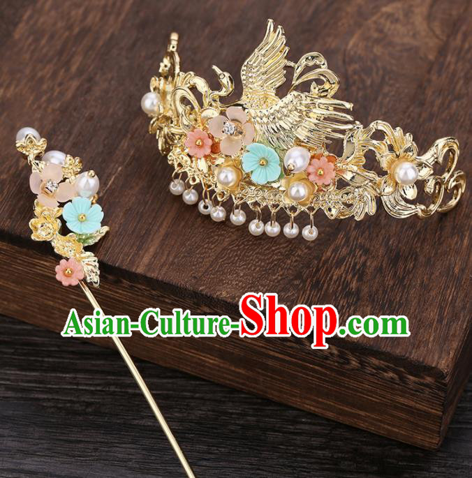 Traditional Chinese Ancient Hanfu Crane Hair Crown Court Queen Hairpins Handmade Hair Accessories for Women