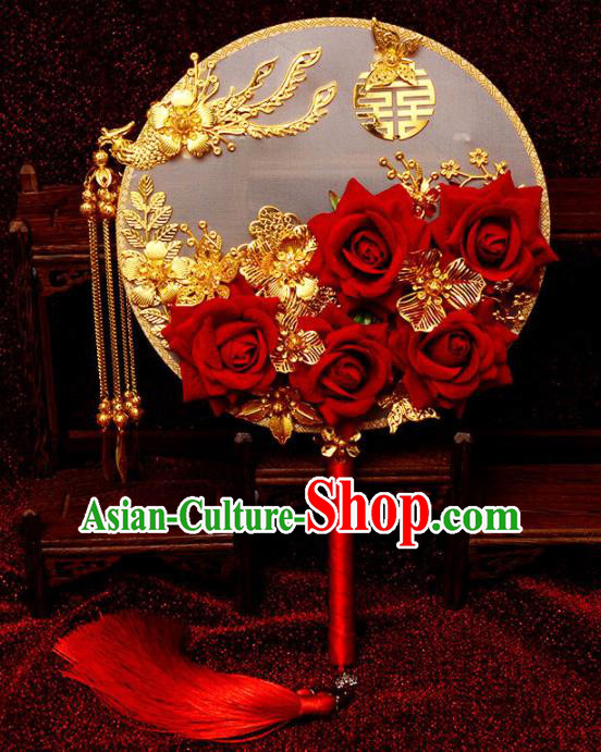 Traditional Chinese Handmade Court Wedding Round Fans Ancient Bride Red Roses Palace Fan for Women