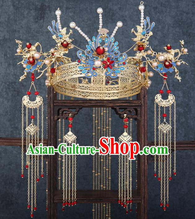 Traditional Chinese Wedding Blueing Phoenix Coronet Luxury Hair Accessories Ancient Bride Hairpins Complete Set for Women