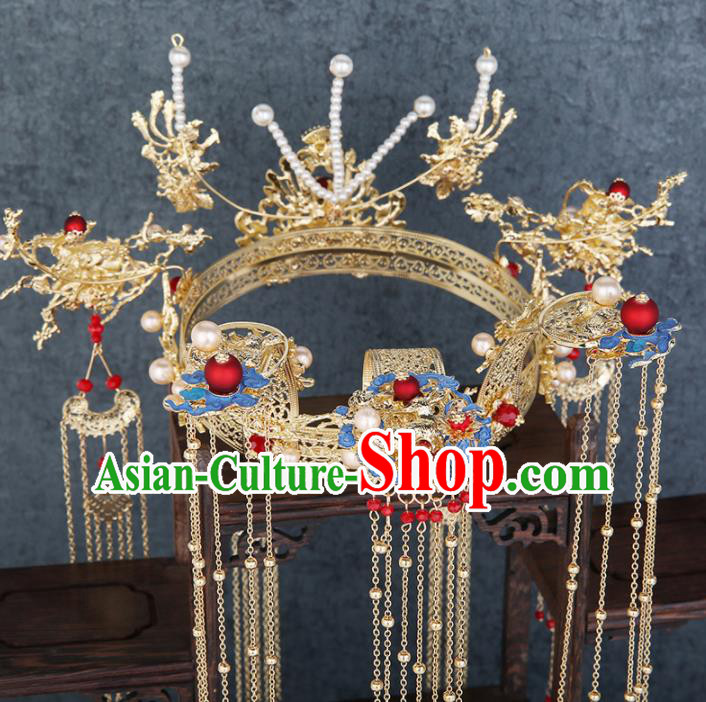 Traditional Chinese Wedding Blueing Phoenix Coronet Luxury Hair Accessories Ancient Bride Hairpins Complete Set for Women