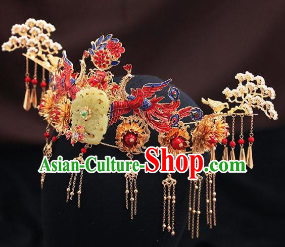 Traditional Chinese Wedding Cloisonne Red Phoenix Coronet Luxury Jade Hair Accessories Ancient Bride Hairpins Complete Set for Women