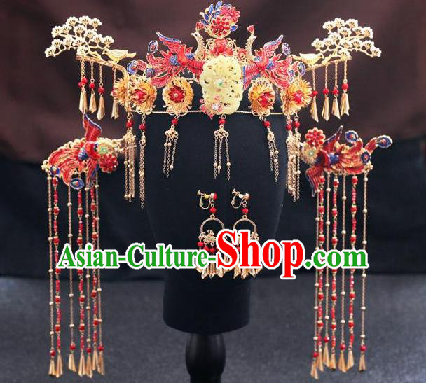 Traditional Chinese Wedding Cloisonne Red Phoenix Coronet Luxury Jade Hair Accessories Ancient Bride Hairpins Complete Set for Women