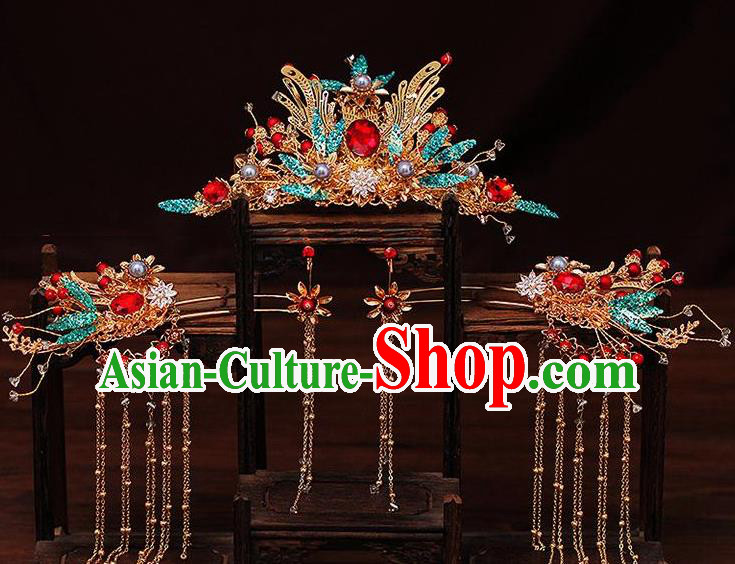 Traditional Chinese Wedding Red Crystal Phoenix Coronet Luxury Hair Accessories Ancient Bride Hairpins Complete Set for Women