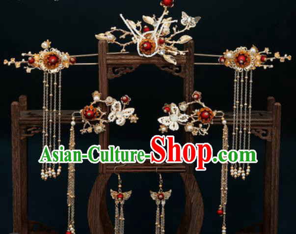 Traditional Chinese Wedding Hair Accessories Ancient Bride Tassel Hairpins Complete Set for Women