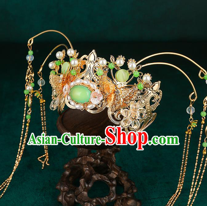 Traditional Chinese Wedding Pearls Green Hair Crown Hair Accessories Ancient Bride Tassel Hairpins Complete Set for Women