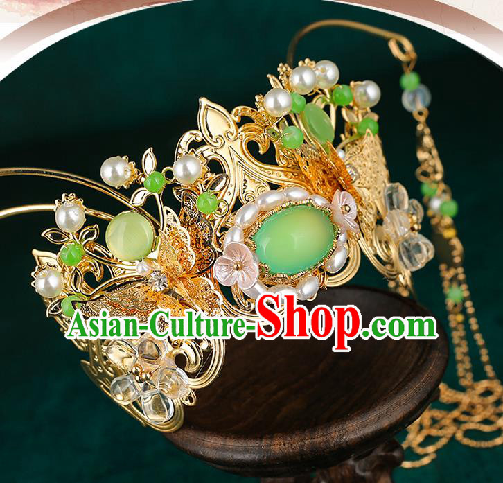 Traditional Chinese Wedding Pearls Green Hair Crown Hair Accessories Ancient Bride Tassel Hairpins Complete Set for Women