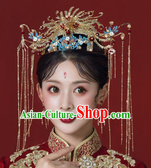 Traditional Chinese Wedding Court Phoenix Coronet Hair Accessories Ancient Bride Tassel Hairpins Complete Set for Women