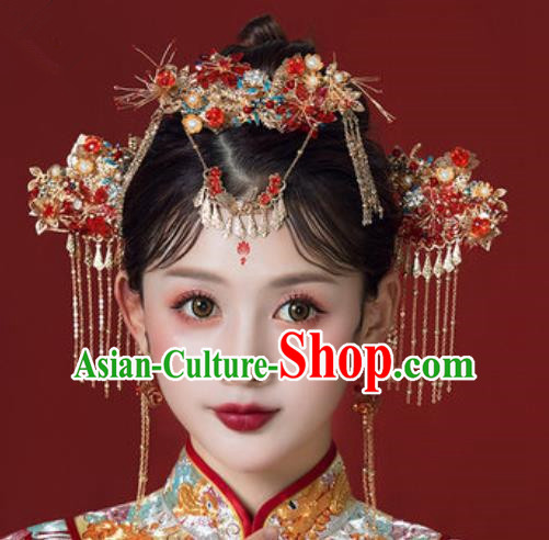 Traditional Chinese Wedding Court Hair Crown Hair Accessories Ancient Bride Tassel Hairpins Complete Set for Women