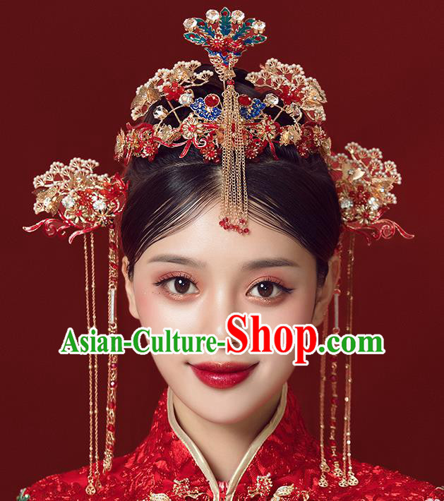 Traditional Chinese Wedding Court Cloisonne Pine Hair Crown Hair Accessories Ancient Bride Tassel Hairpins Complete Set for Women