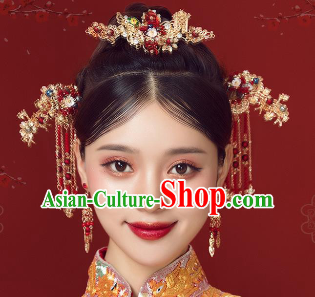 Traditional Chinese Wedding Court Hair Comb Hair Accessories Ancient Bride Tassel Hairpins Complete Set for Women