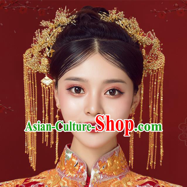 Traditional Chinese Wedding Court Golden Hair Clips Hair Accessories Ancient Bride Tassel Hairpins Complete Set for Women