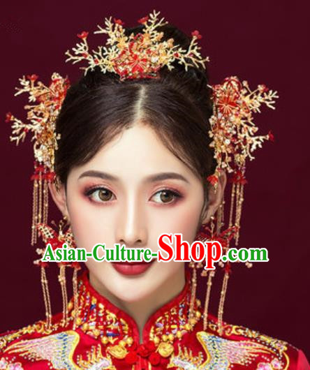 Traditional Chinese Wedding Butterfly Phoenix Coronet Luxury Hair Accessories Ancient Bride Hairpins Complete Set for Women