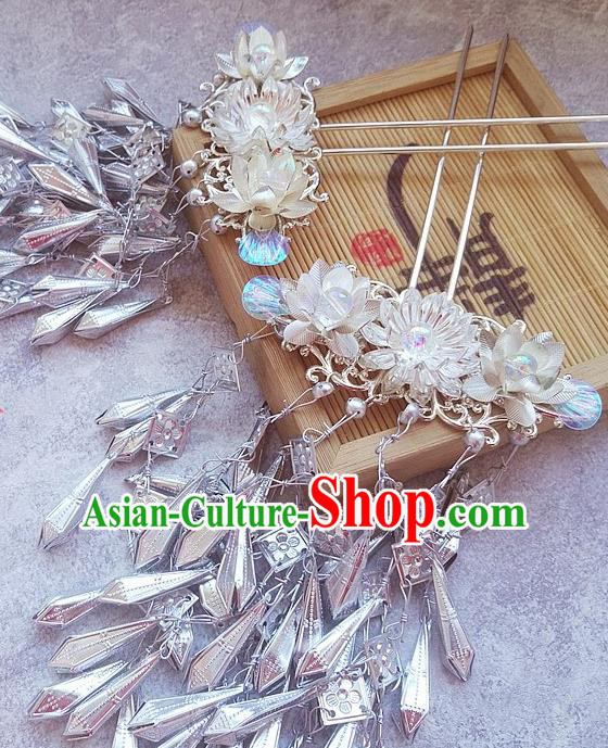 Traditional Chinese Hanfu White Lotus Tassel Hair Clip Ancient Court Queen Hairpins Handmade Hair Accessories for Women