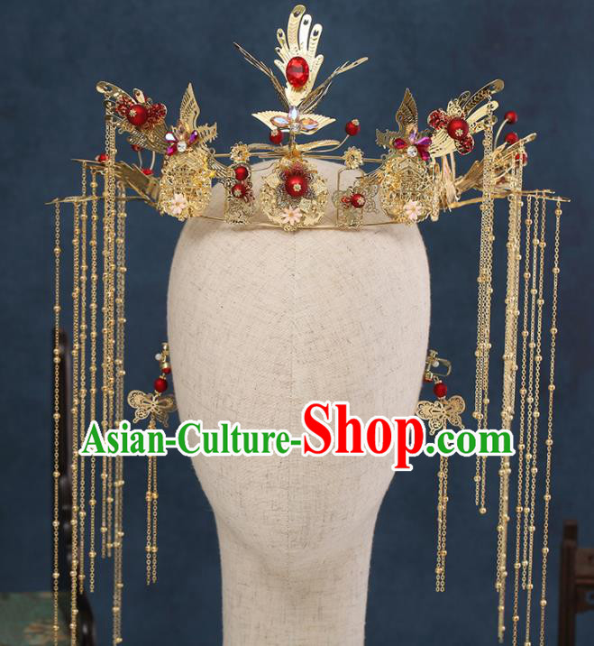 Traditional Chinese Wedding Phoenix Coronet Handmade Ancient Bride Hairpins Hair Accessories Complete Set