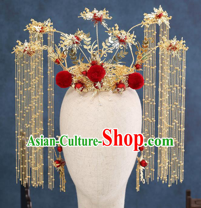 Traditional Chinese Wedding Golden Tassel Phoenix Coronet Handmade Ancient Bride Hairpins Hair Accessories Complete Set