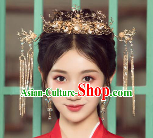 Traditional Chinese Wedding Golden Leaf Phoenix Coronet Luxury Hair Accessories Ancient Bride Hairpins Complete Set for Women