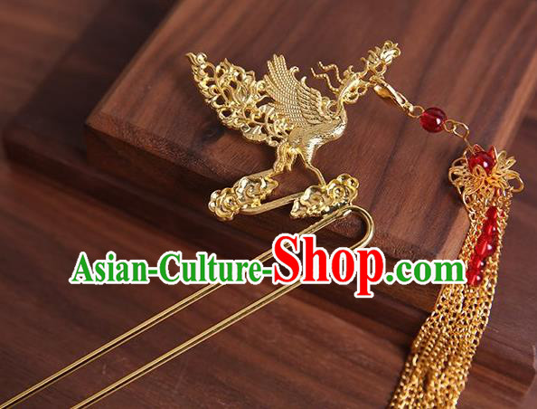 Traditional Chinese Hanfu Golden Phoenix Tassel Hair Clip Ancient Court Queen Hairpins Handmade Hair Accessories for Women