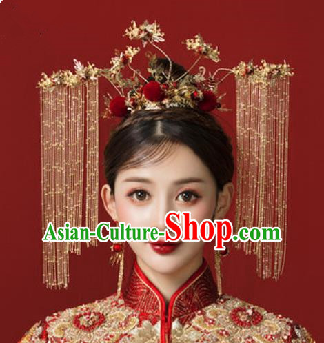 Traditional Chinese Wedding Golden Phoenix Coronet Hair Accessories Ancient Bride Tassel Hairpins Complete Set for Women