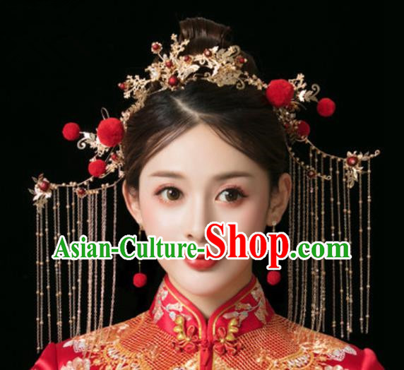 Traditional Chinese Wedding Phoenix Coronet Hair Accessories Ancient Bride Tassel Hairpins Complete Set for Women