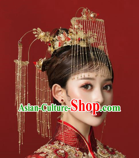 Traditional Chinese Wedding Red Butterfly Phoenix Coronet Hair Accessories Ancient Bride Tassel Hairpins Complete Set for Women