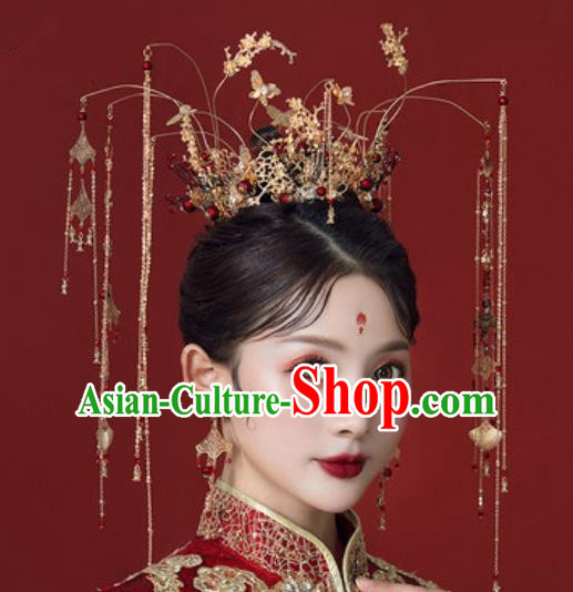 Traditional Chinese Wedding Golden Butterfly Phoenix Coronet Hair Accessories Ancient Bride Tassel Hairpins Complete Set for Women