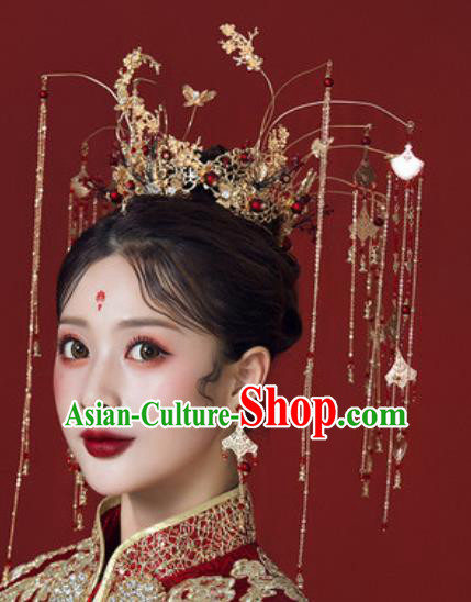 Traditional Chinese Wedding Golden Butterfly Phoenix Coronet Hair Accessories Ancient Bride Tassel Hairpins Complete Set for Women