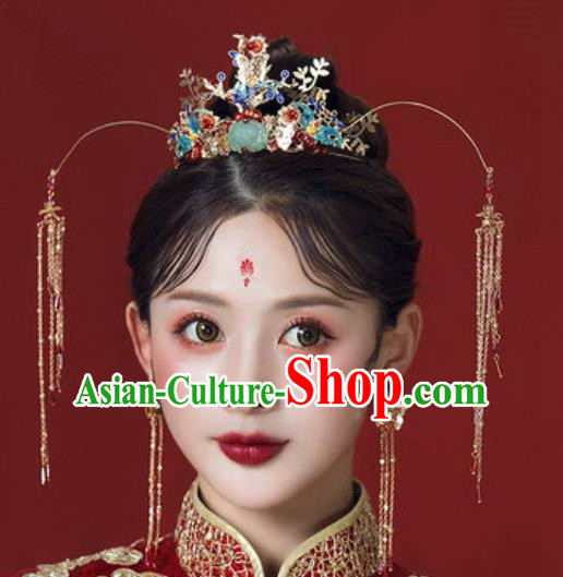 Traditional Chinese Wedding Lotus Phoenix Coronet Hair Accessories Ancient Bride Tassel Hairpins Complete Set for Women