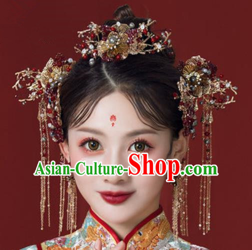 Traditional Chinese Wedding Court Red Beads Hair Comb Hair Accessories Ancient Bride Tassel Hairpins Complete Set