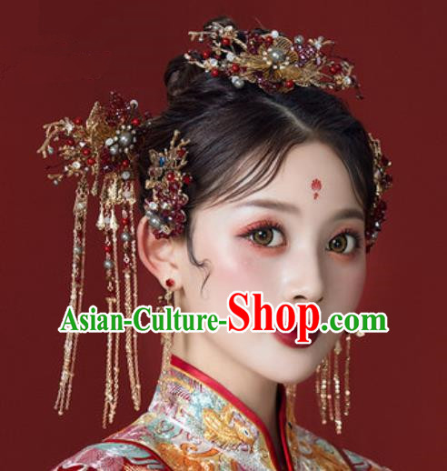 Traditional Chinese Wedding Court Red Beads Hair Comb Hair Accessories Ancient Bride Tassel Hairpins Complete Set