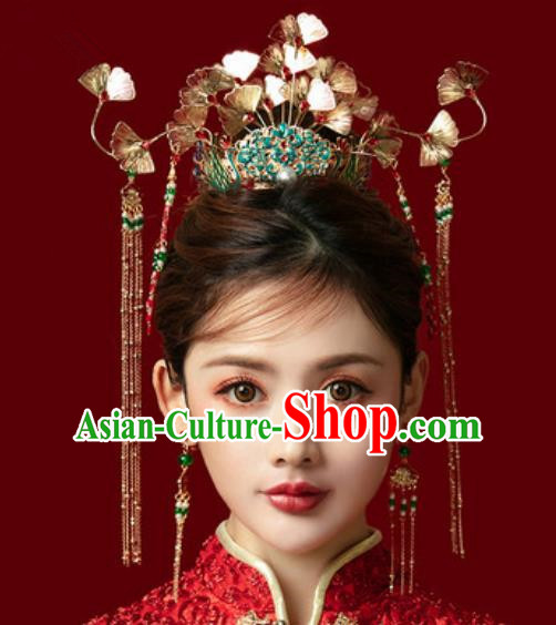 Traditional Chinese Ginkgo Wedding Hair Crown Hair Accessories Ancient Bride Tassel Hairpins Complete Set