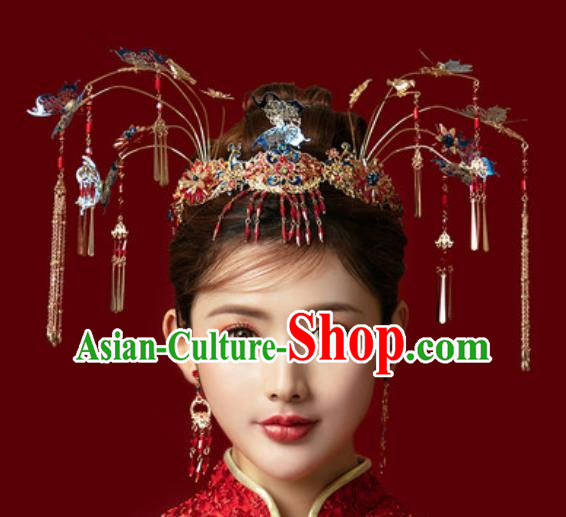 Traditional Chinese Ginkgo Wedding Blueing Hair Crown Hair Accessories Ancient Bride Tassel Hairpins Complete Set