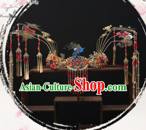 Traditional Chinese Ginkgo Wedding Blueing Hair Crown Hair Accessories Ancient Bride Tassel Hairpins Complete Set