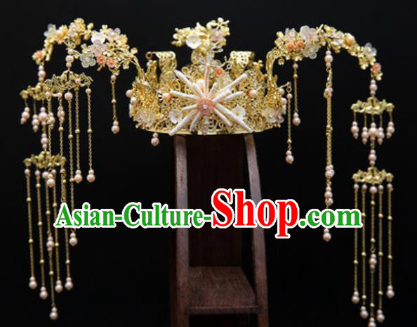 Traditional Chinese Wedding Conch Phoenix Coronet Hair Accessories Ancient Bride Tassel Hairpins Complete Set