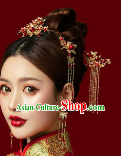 Traditional Chinese Wedding Hair Accessories Ancient Bride Tassel Hairpins Complete Set