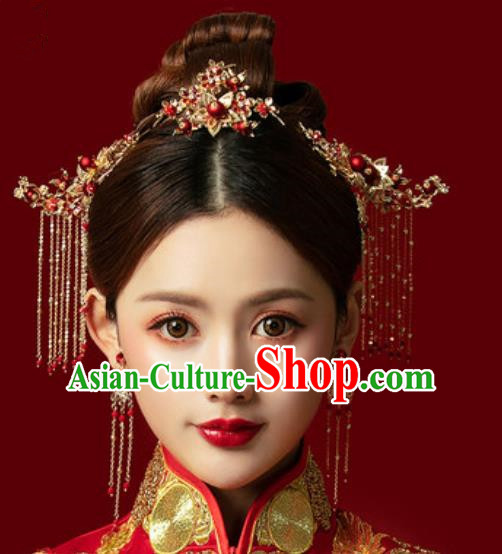 Traditional Chinese Wedding Hair Accessories Ancient Bride Tassel Hairpins Complete Set