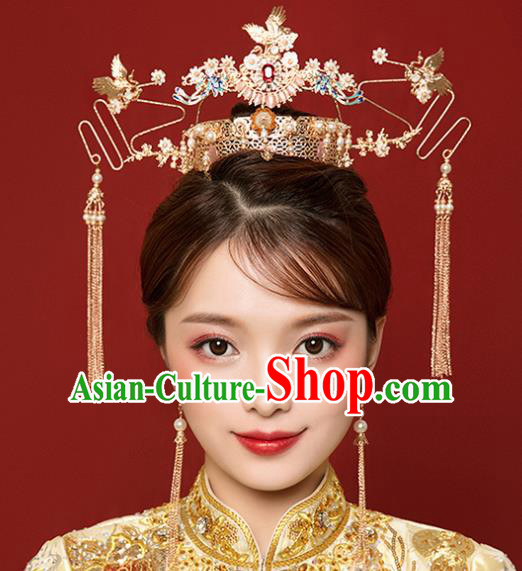 Traditional Chinese Wedding Luxury Crane Phoenix Coronet Ancient Bride Hairpins Hair Accessories Complete Set