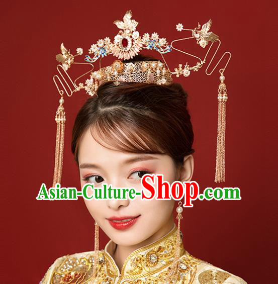 Traditional Chinese Wedding Luxury Crane Phoenix Coronet Ancient Bride Hairpins Hair Accessories Complete Set