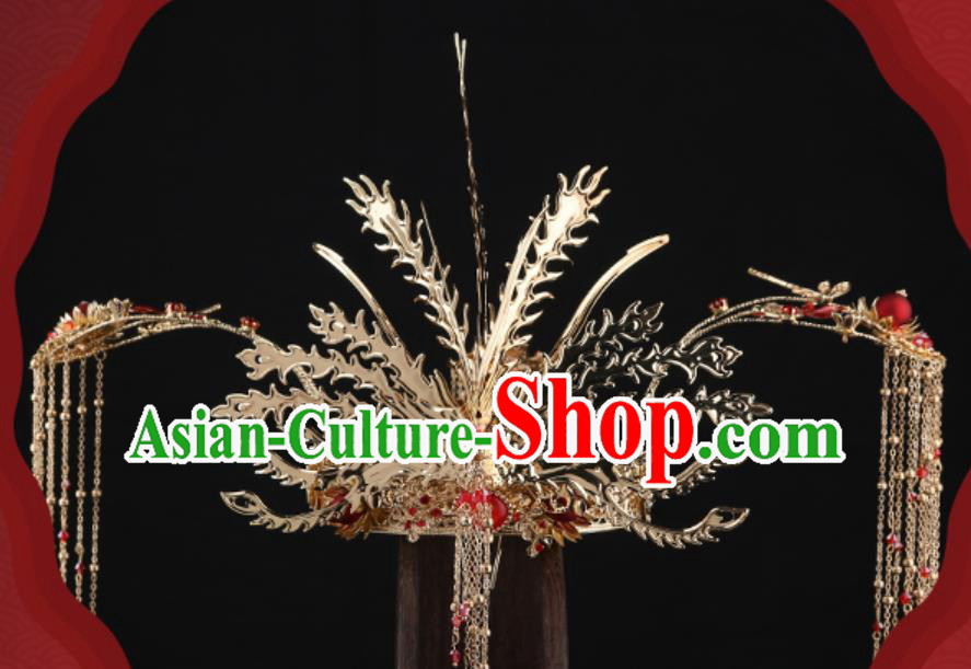 Traditional Chinese Wedding Golden Phoenix Coronet Hair Accessories Ancient Bride Tassel Hairpins Complete Set