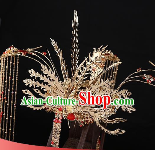 Traditional Chinese Wedding Golden Phoenix Coronet Hair Accessories Ancient Bride Tassel Hairpins Complete Set