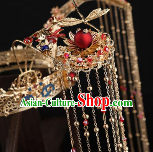 Traditional Chinese Wedding Golden Phoenix Coronet Hair Accessories Ancient Bride Tassel Hairpins Complete Set