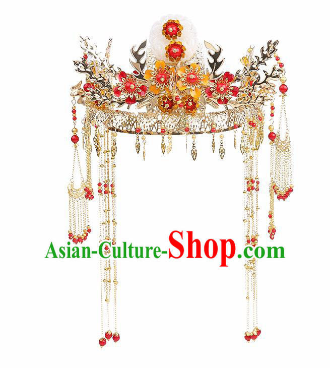 Traditional Chinese Handmade Wedding Jade Phoenix Coronet Ancient Bride Hairpins Luxury Hair Accessories Complete Set