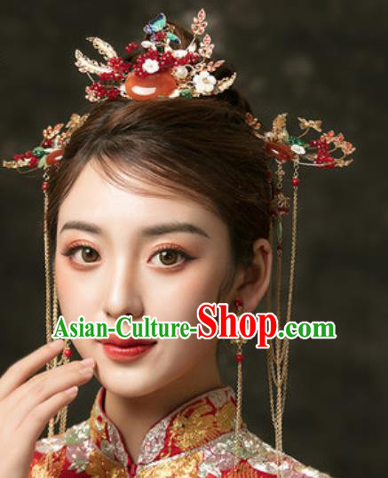 Traditional Chinese Wedding Agate Hair Comb Hair Accessories Ancient Bride Tassel Hairpins Complete Set